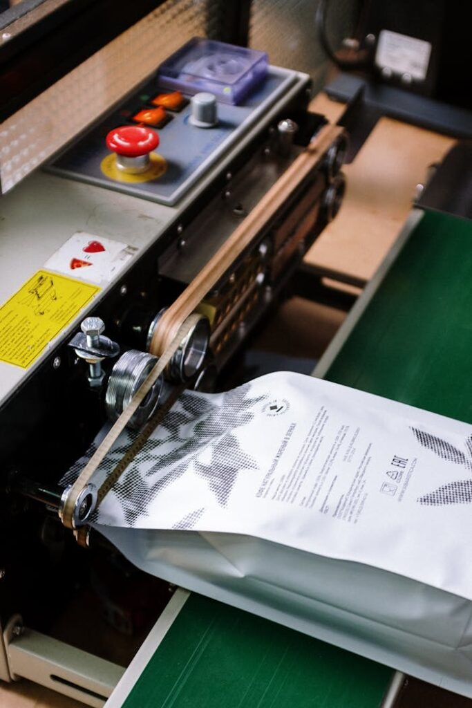 pexels photo 4820844 Close-up of a coffee bag being sealed by an industrial machine, showcasing manufacturing precision.